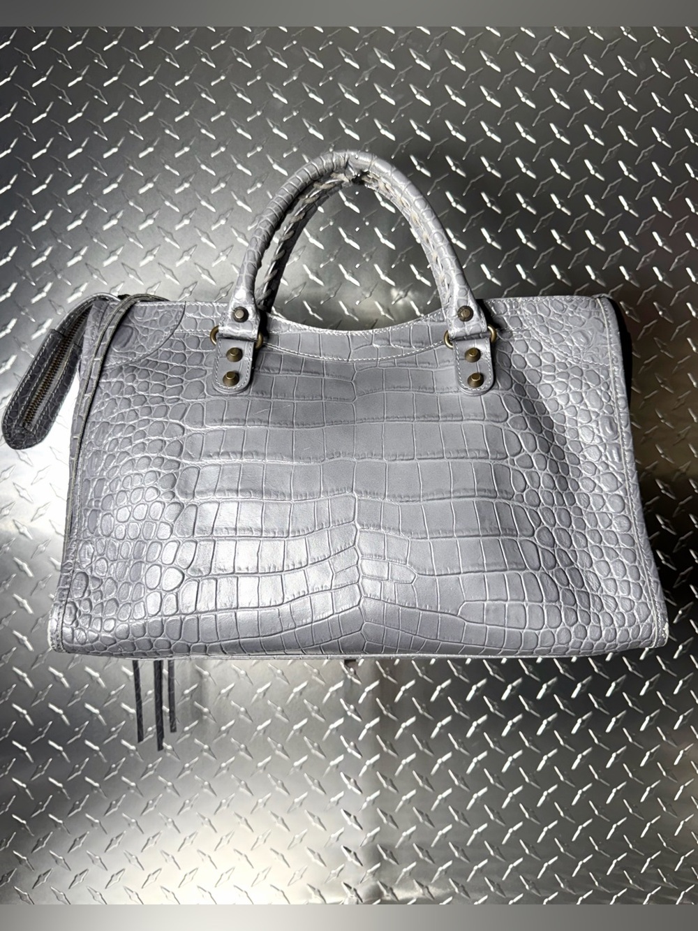 Balenciaga Croc Embossed Moto Medium City Bag in Grey - Picture 2 of 10